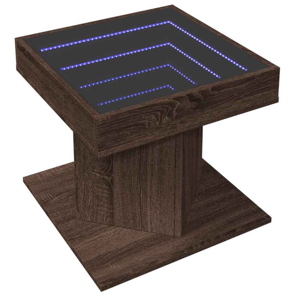 Mesa de centro y LED madera ingeniería marrón roble 50x50x45