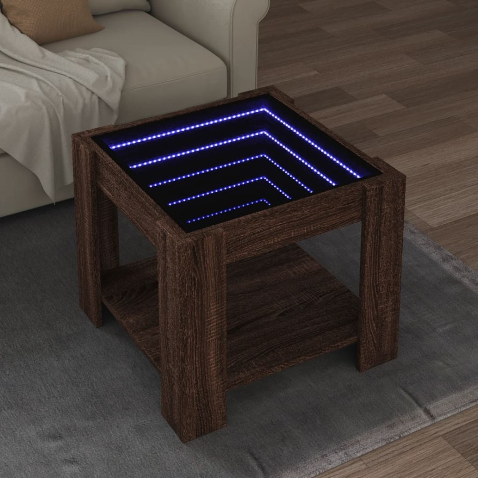 Mesa de centro y LED madera ingeniería marrón roble 53x53x45