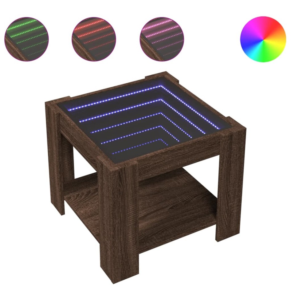 Mesa de centro y LED madera ingeniería marrón roble 53x53x45