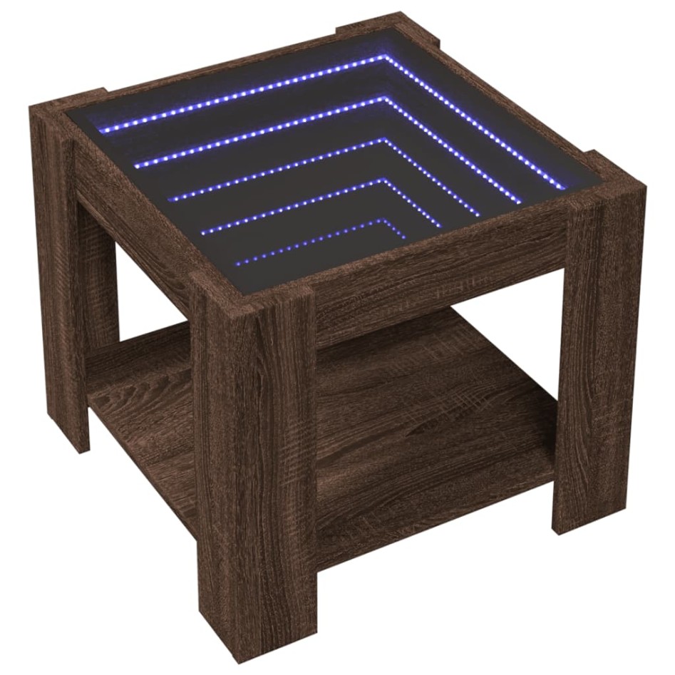 Mesa de centro y LED madera ingeniería marrón roble 53x53x45