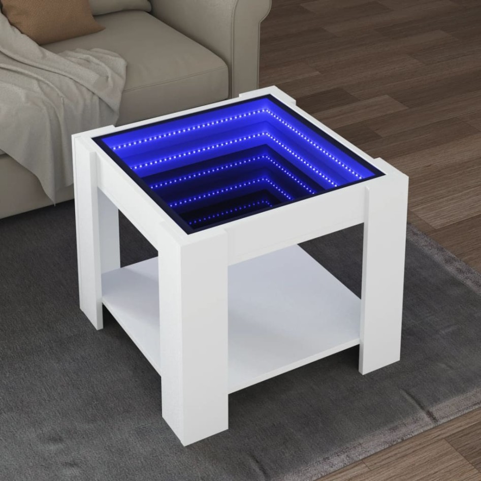 Mesa de centro con LED madera de ingeniería blanca 53x53x45