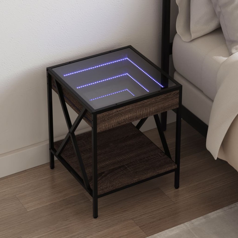 Mesita de noche con Infinity LED marrón roble 40x40x49