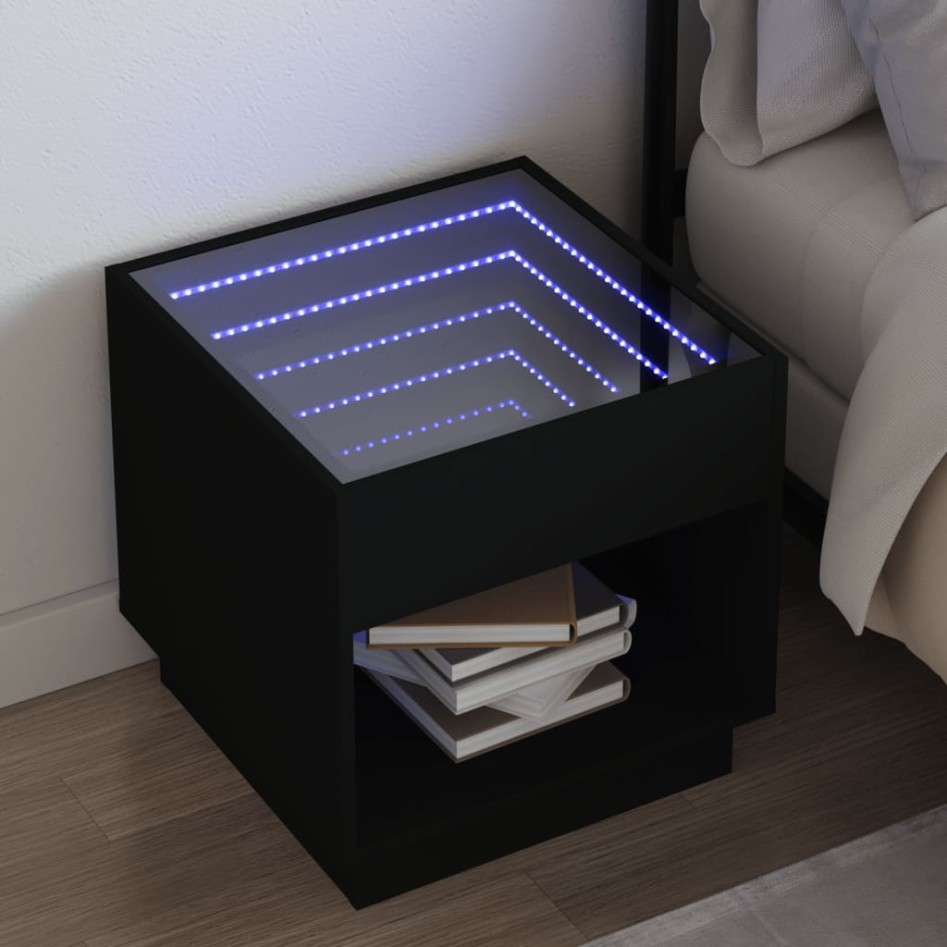 Mesita de noche con Infinity LED negra 50x50x50