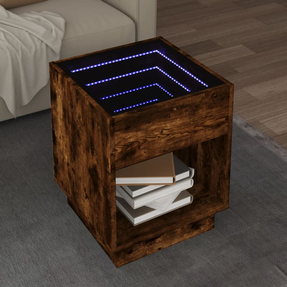 Mesa de centro con Infinity LED roble ahumado 40x40x50