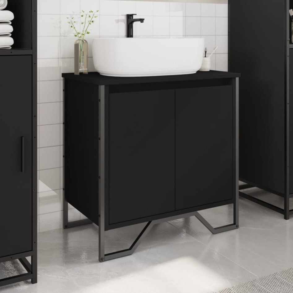 Armario para lavabo de baño madera ingeniería negro 60x35x60