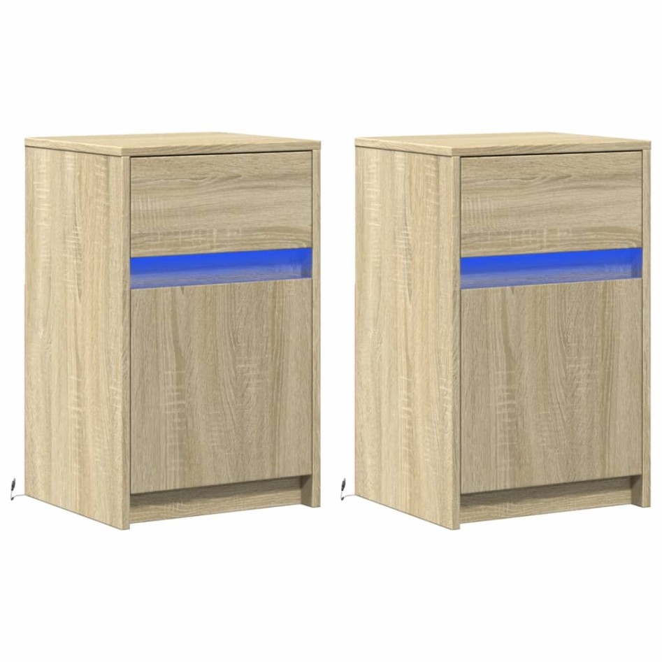 Mesitas de noche luces LED 2 uds madera ingeniería roble