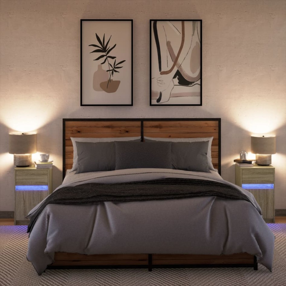 Mesitas de noche luces LED 2 uds madera ingeniería roble
