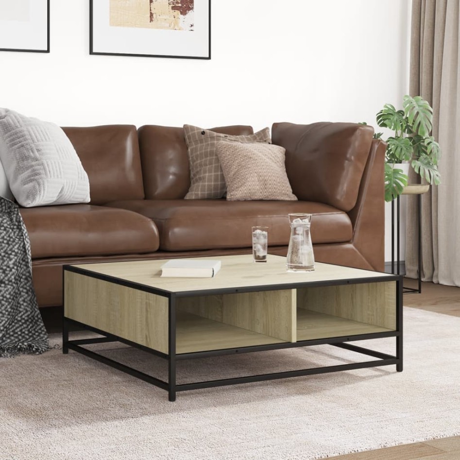 Mesa de centro madera ingeniería metal roble Sonoma 80x80x30