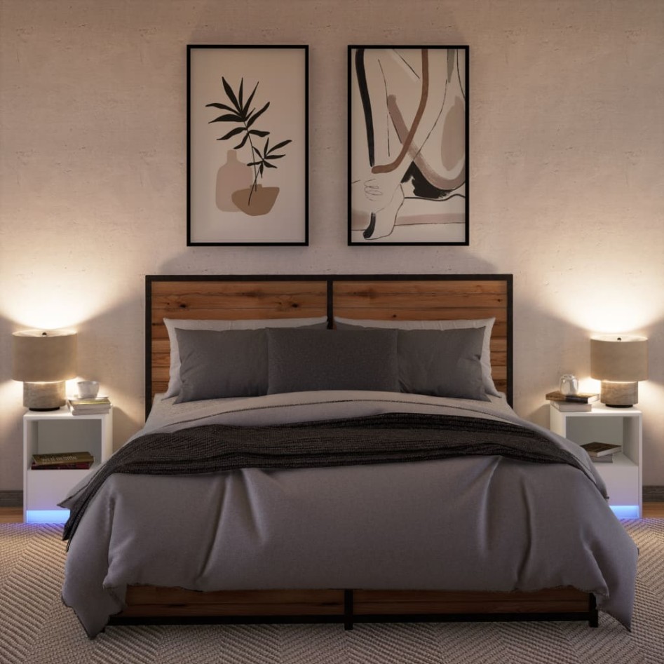 Mesitas de noche con luces LED 2 uds madera ingeniería