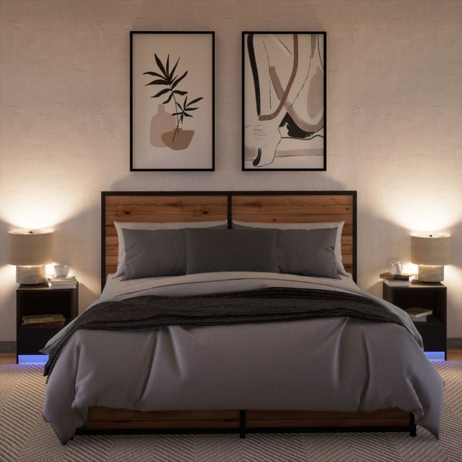 Mesitas de noche con luces LED 2 uds madera ingeniería