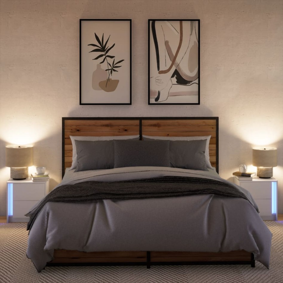 Mesitas de noche con luces LED 2 uds madera ingeniería