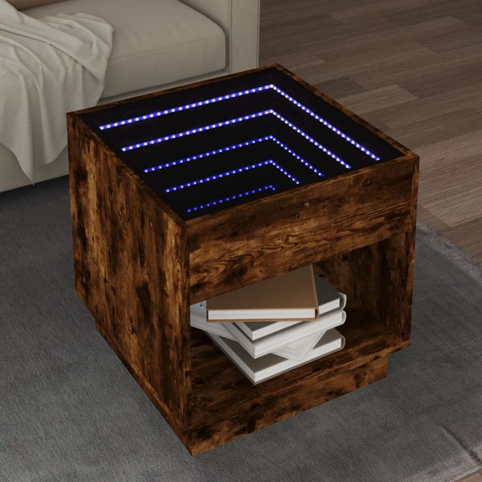 Mesa de centro con Infinity LED roble ahumado 50x50x50