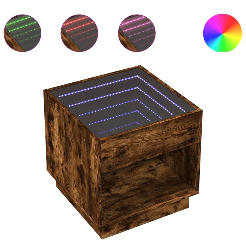 Mesa de centro con Infinity LED roble ahumado 50x50x50