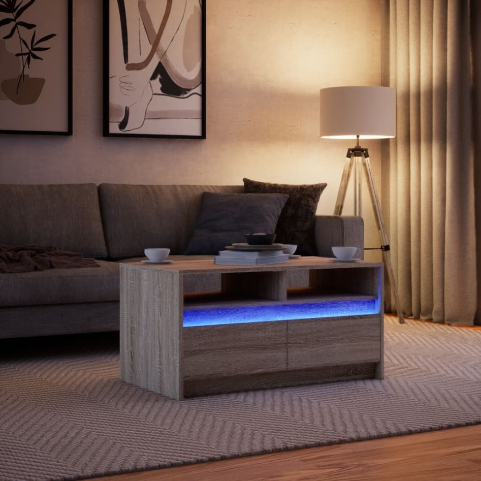 Mesa de centro con luces LED madera de ingeniería roble