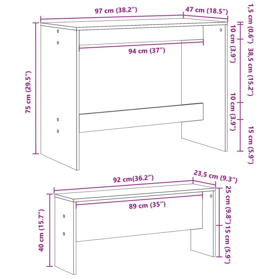 Mesa y bancos de comedor 3 pzas madera ingeniería roble