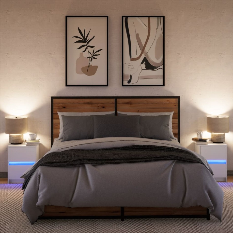 Mesitas de noche con luces LED 2 uds madera ingeniería