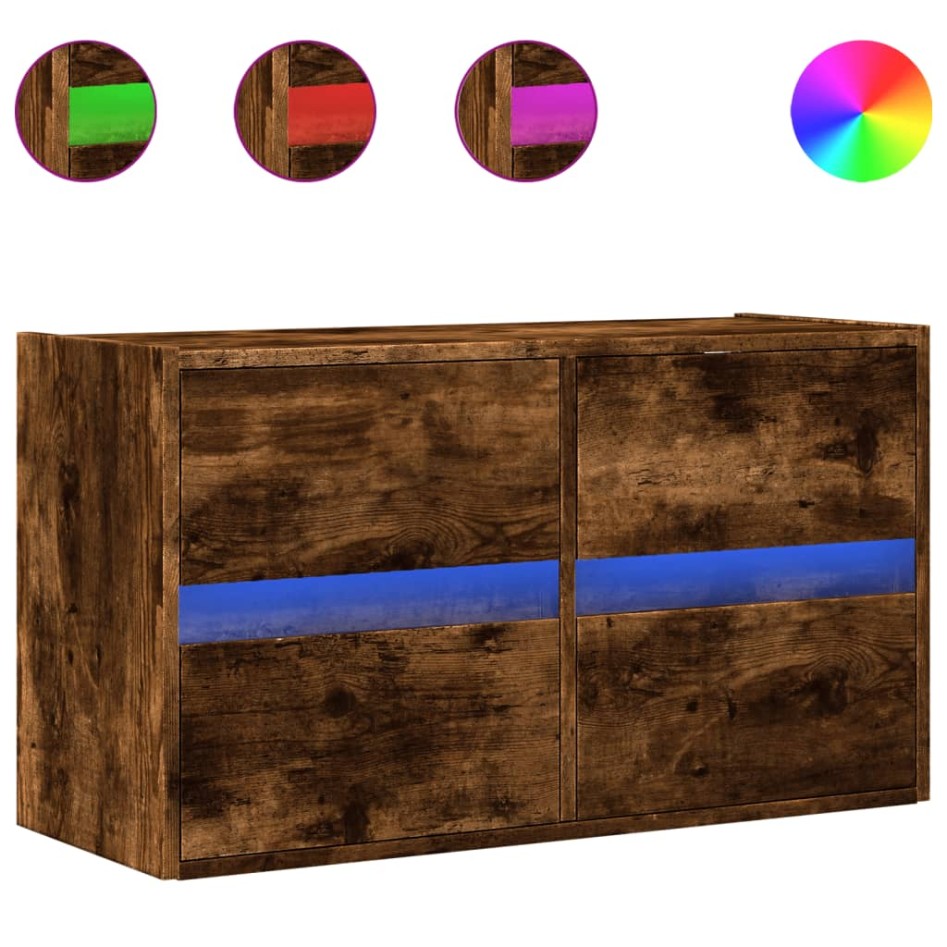 Mueble de TV de pared con luces LED roble ahumado 80x31x45