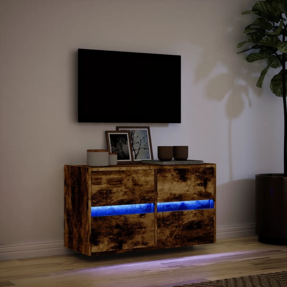 Mueble de TV de pared con luces LED roble ahumado 80x31x45