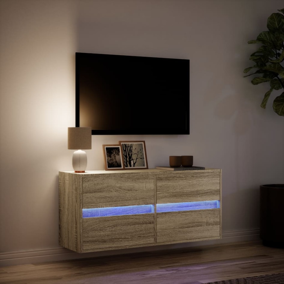 Mueble de TV de pared con luces LED roble Sonoma 100x31x45