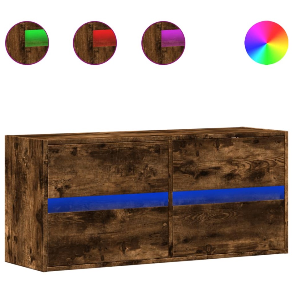 Mueble de TV de pared con luces LED roble ahumado 100x31x45