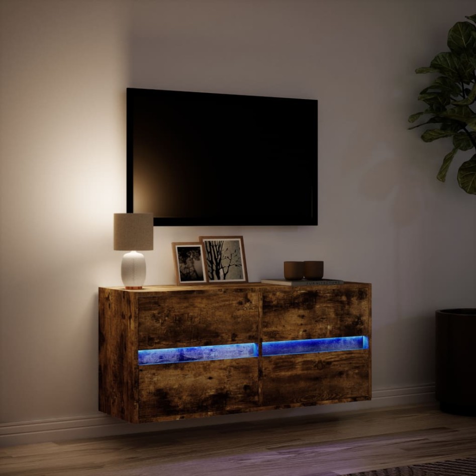 Mueble de TV de pared con luces LED roble ahumado 100x31x45