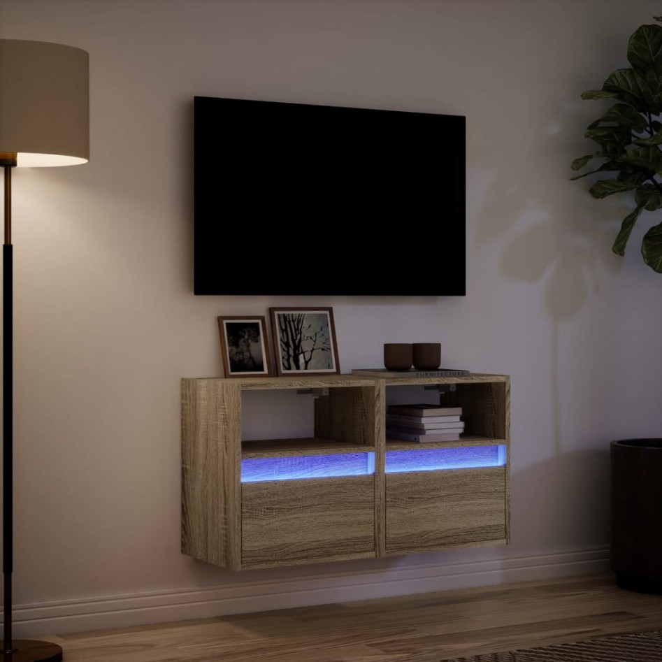 Muebles de TV de pared luces LED 2 uds roble Sonoma 41x31x45