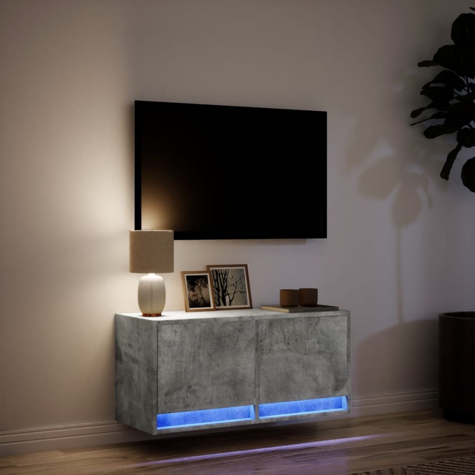 Mueble de TV de pared con luces LED gris hormigón 80x31x35