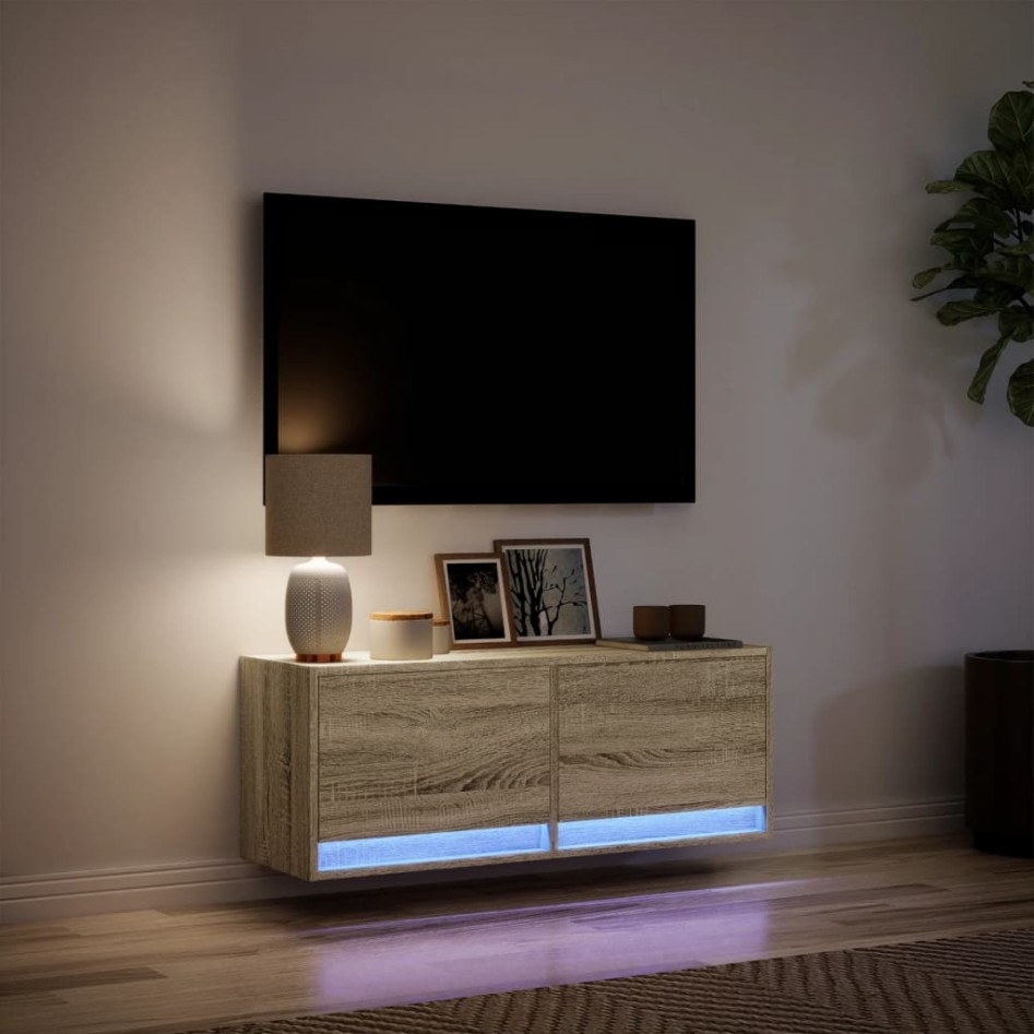 Mueble de TV de pared con luces LED roble Sonoma 100x31x35