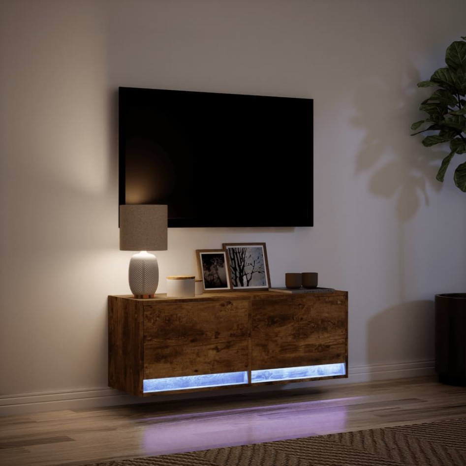 Mueble de TV de pared con luces LED roble ahumado 100x31x35