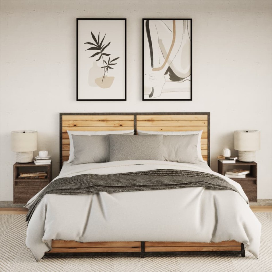 Mesitas de noche de pared con luces LED 2 unidades roble