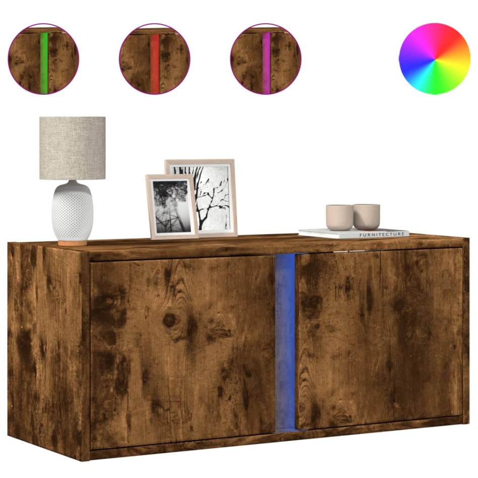 Mueble de TV de pared con luces LED roble ahumado 80x31x35