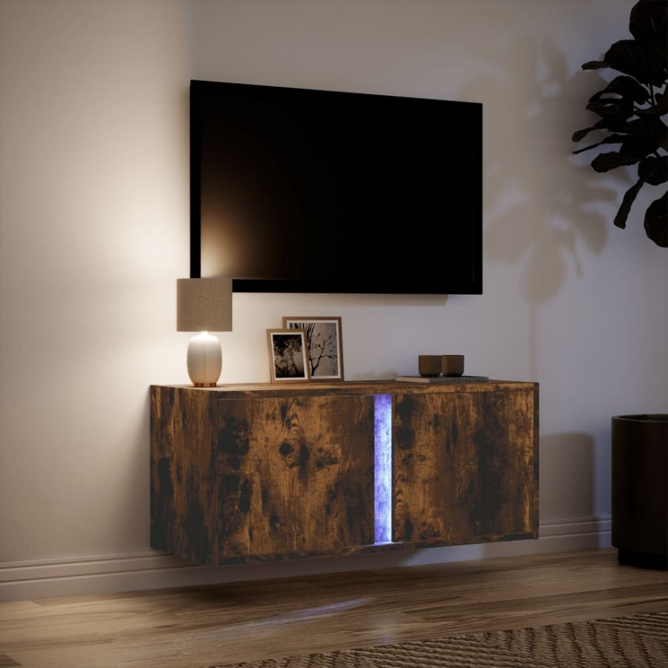 Mueble de TV de pared con luces LED roble ahumado 80x31x35