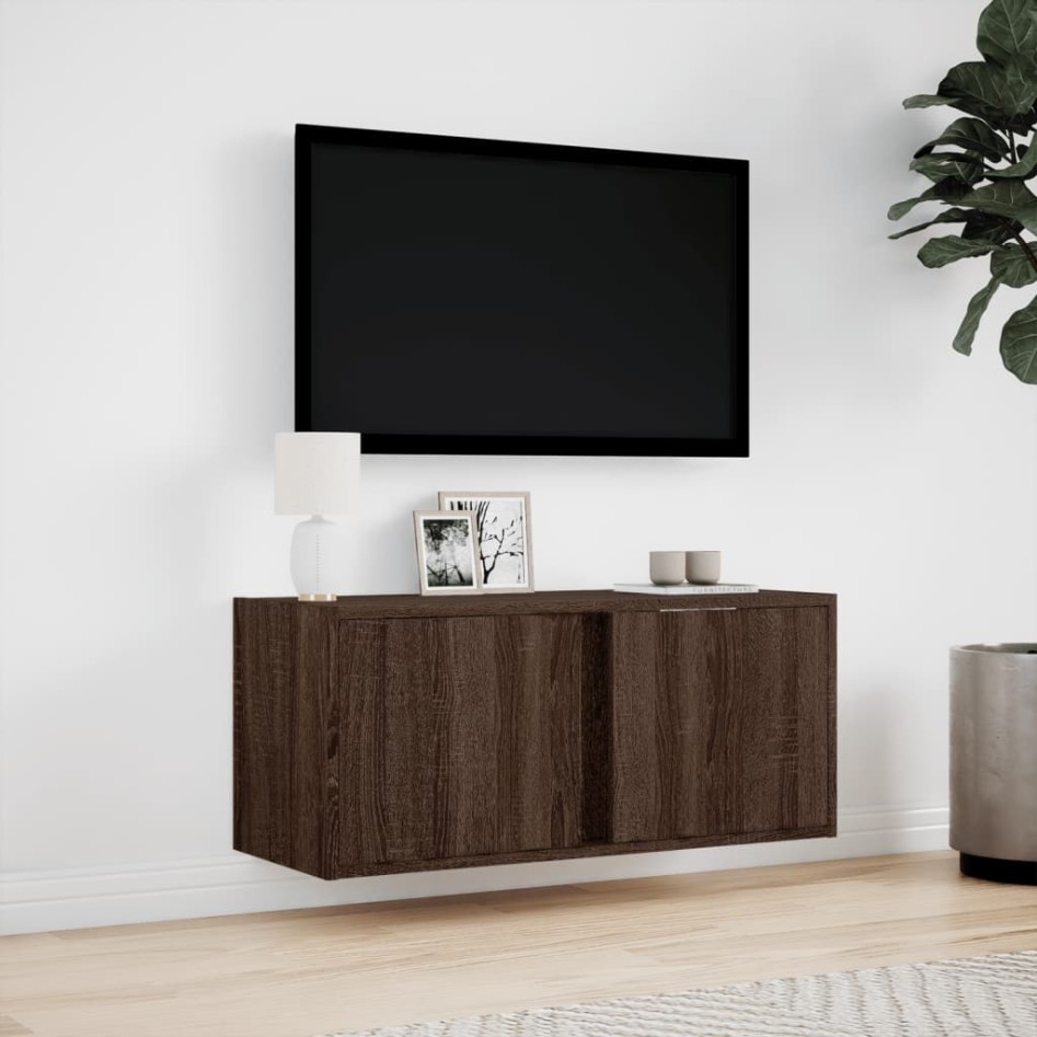 Mueble de TV de pared con luces LED roble marrón 80x31x35