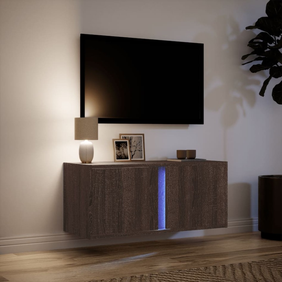 Mueble de TV de pared con luces LED roble marrón 80x31x35