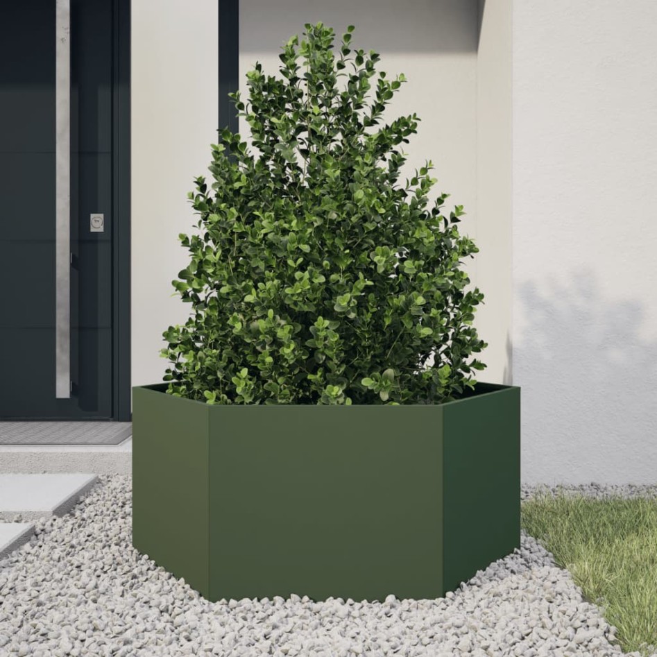 Jardinera hexagonal de acero verde oliva 104x90x45