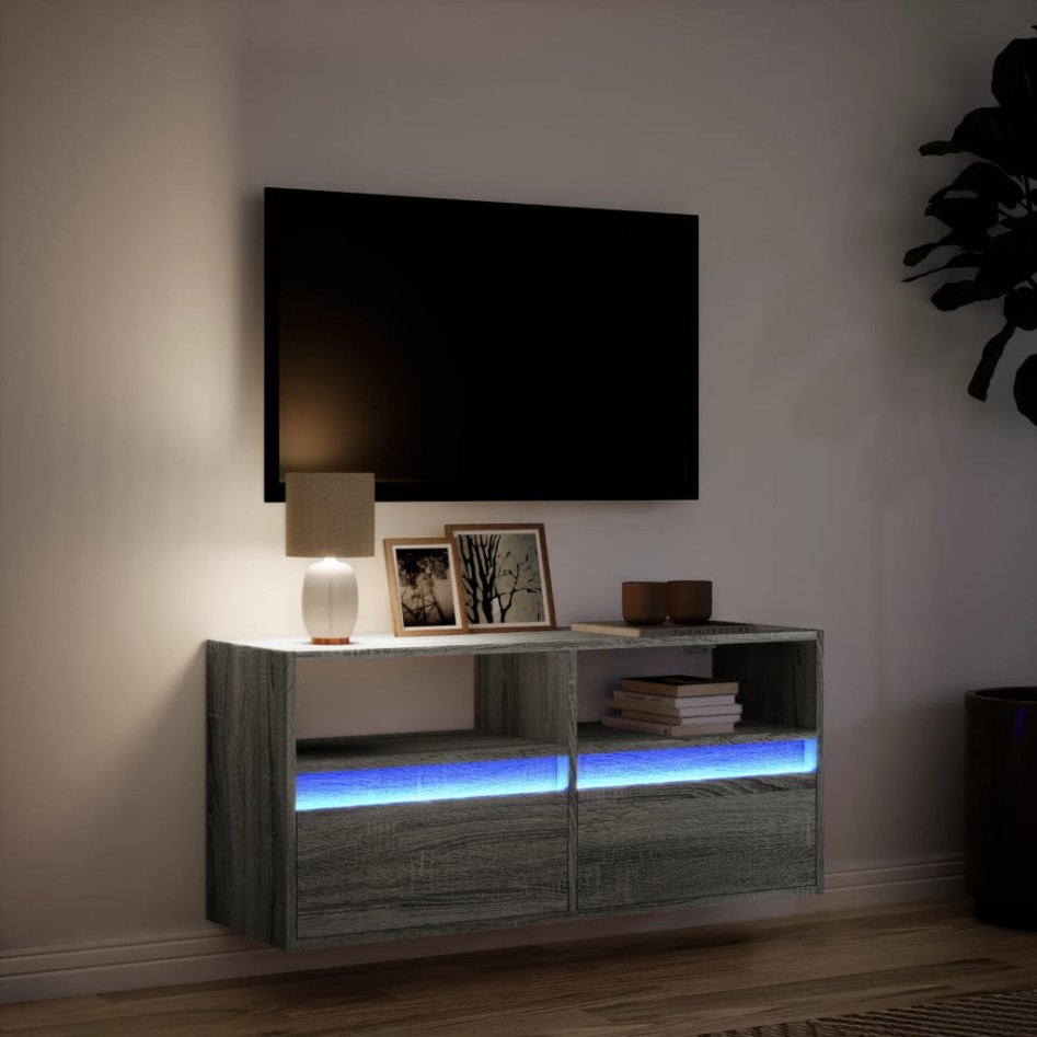 Mueble de TV de pared con luces LED gris Sonoma 100x31x45