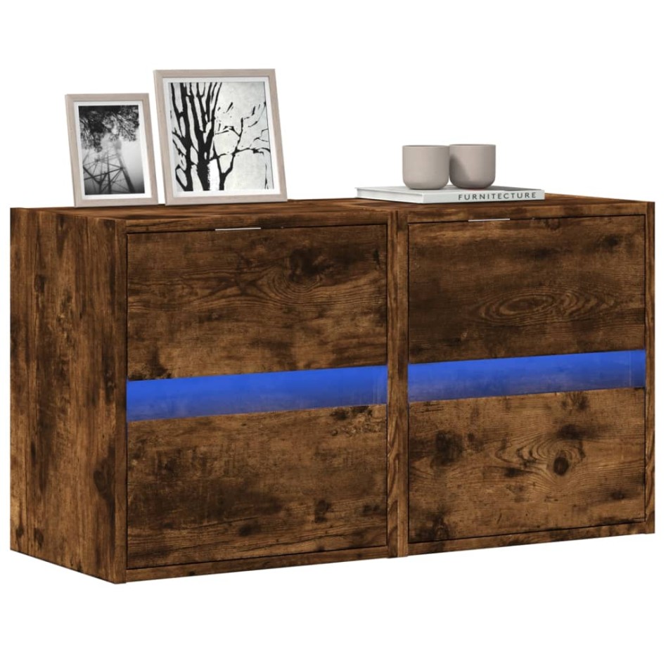Muebles TV de pared luces LED 2 uds roble ahumado 41x31x45