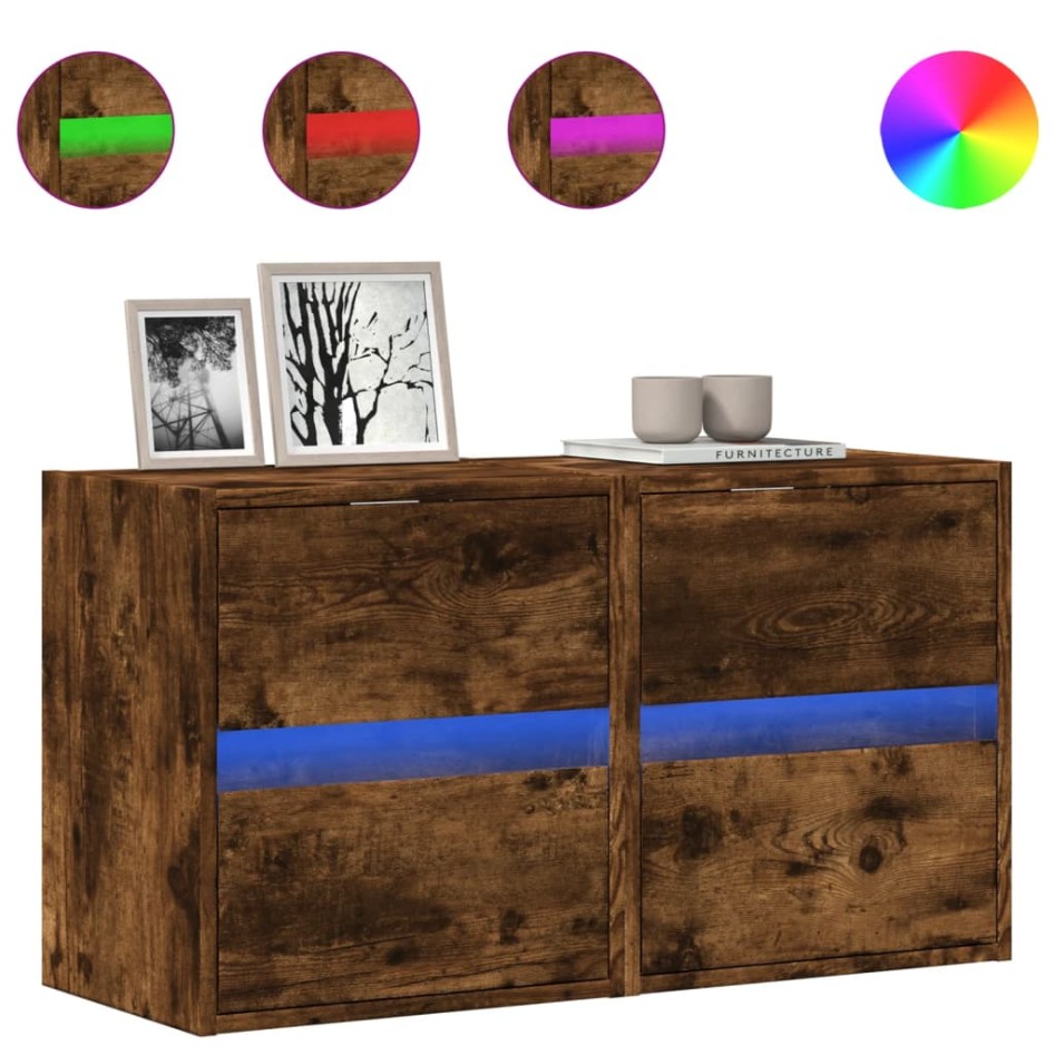 Muebles TV de pared luces LED 2 uds roble ahumado 41x31x45