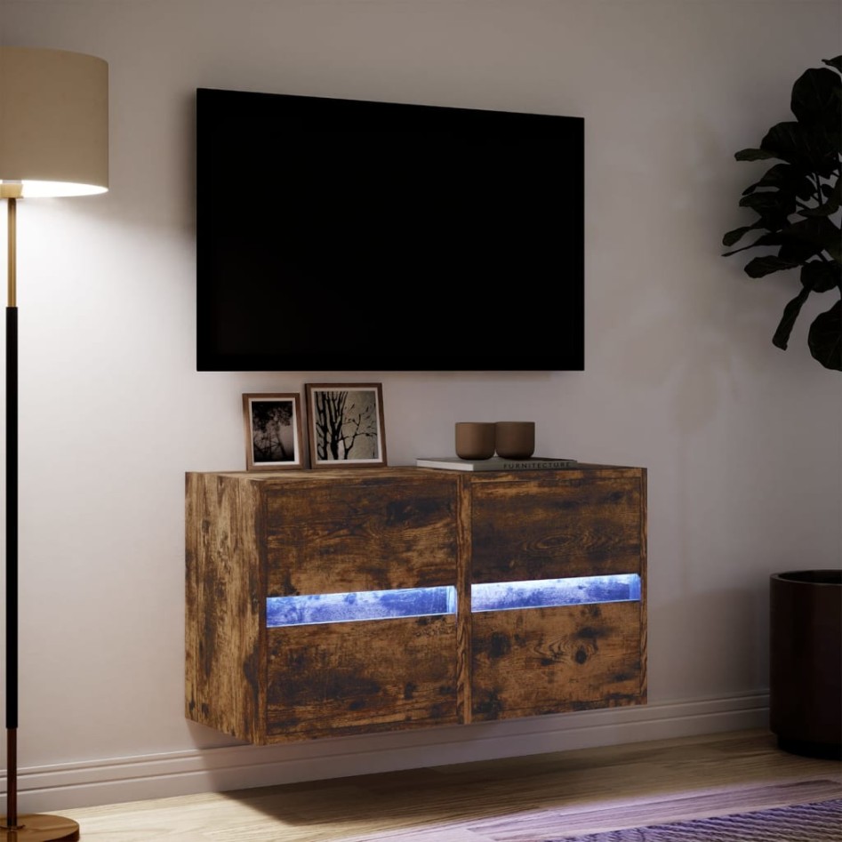Muebles TV de pared luces LED 2 uds roble ahumado 41x31x45