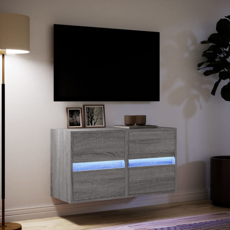 Muebles TV de pared luces LED 2 uds gris Sonoma 41x31x45
