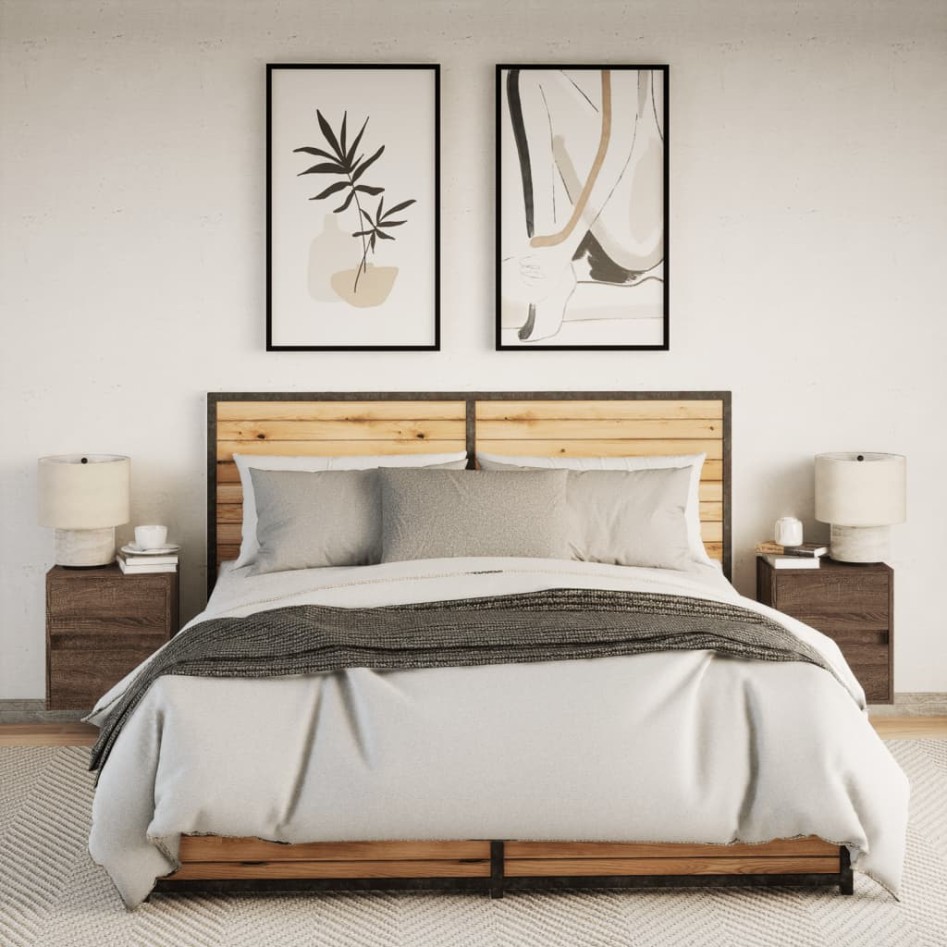 Mesitas de noche de pared con luces LED 2 unidades roble