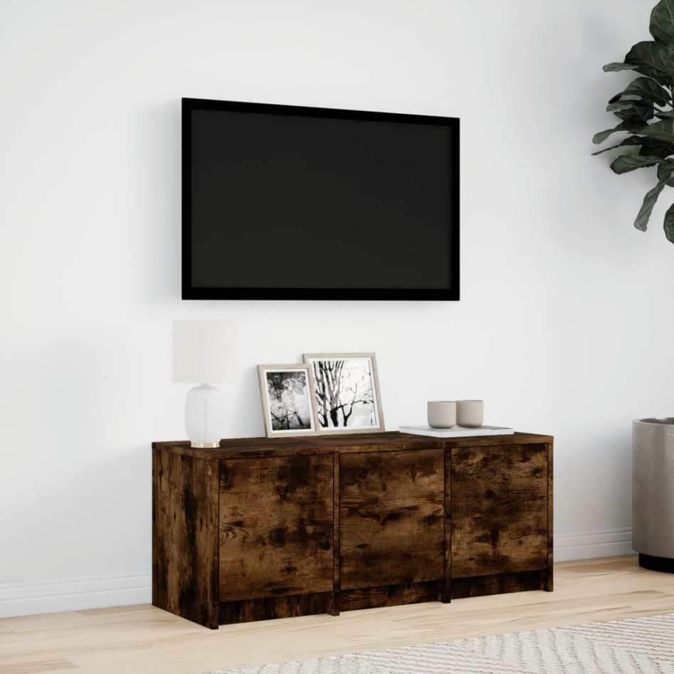Mueble de TV LED madera ingeniería roble ahumado 97x34x40