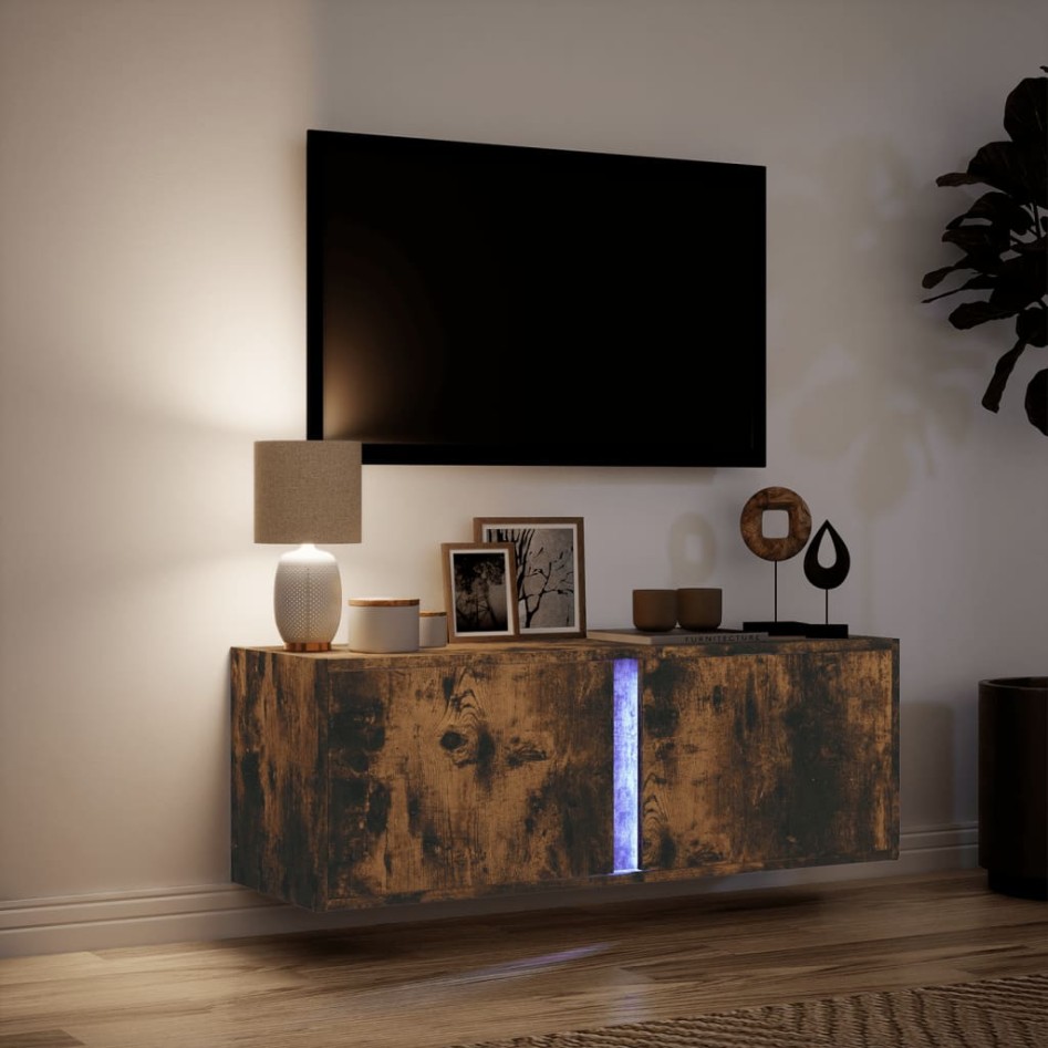 Mueble de TV de pared con luces LED roble ahumado 100x31x35
