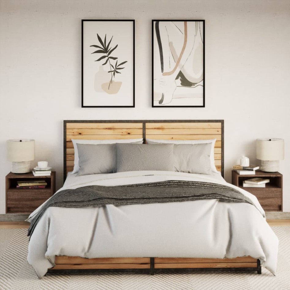 Mesitas de noche de pared con luces LED 2 unidades roble