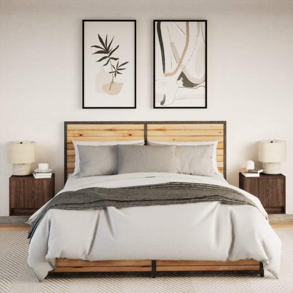 Mesitas de noche de pared con luces LED 2 unidades roble