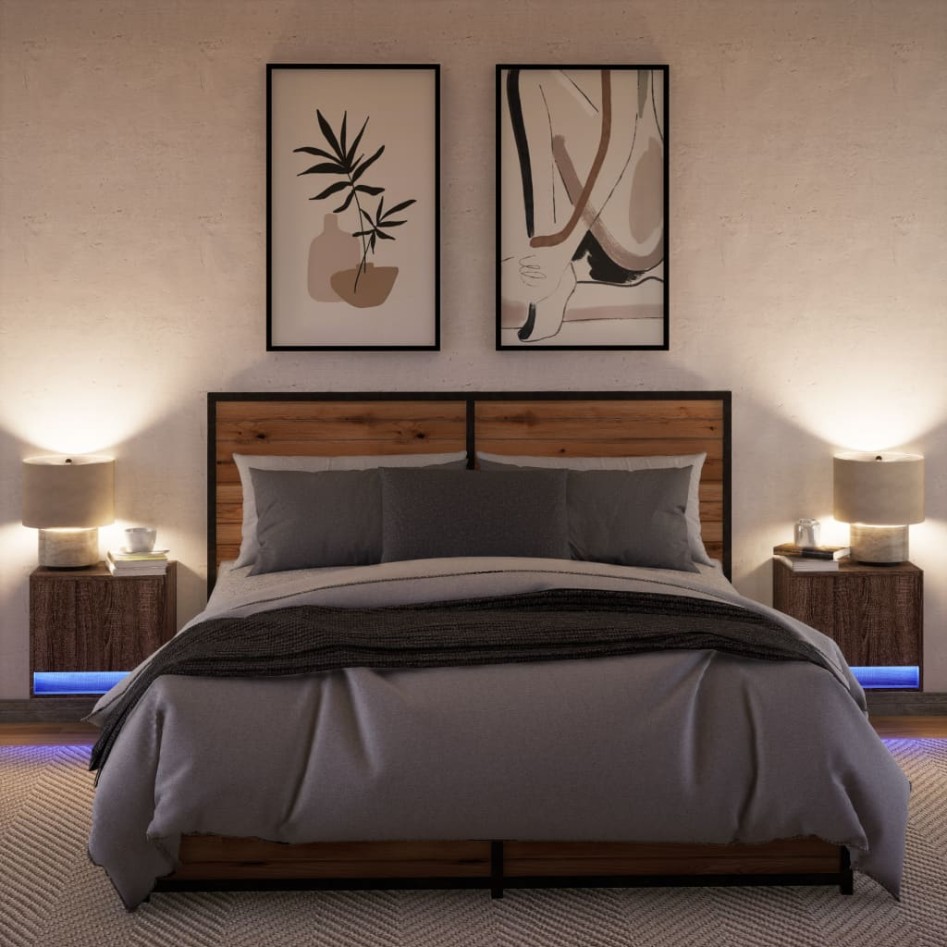 Mesitas de noche de pared con luces LED 2 unidades roble