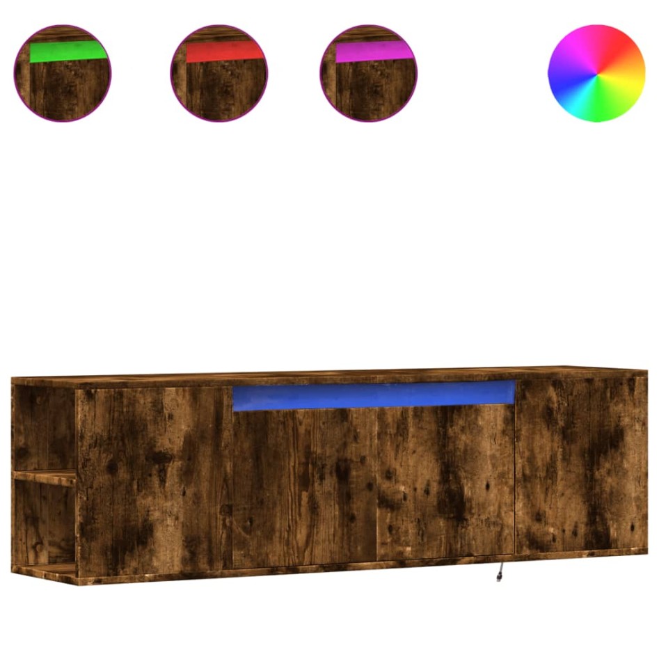 Mueble de TV de pared luces LED roble ahumado 135x31x39,5