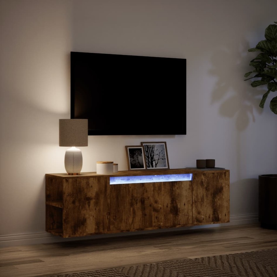 Mueble de TV de pared luces LED roble ahumado 135x31x39,5