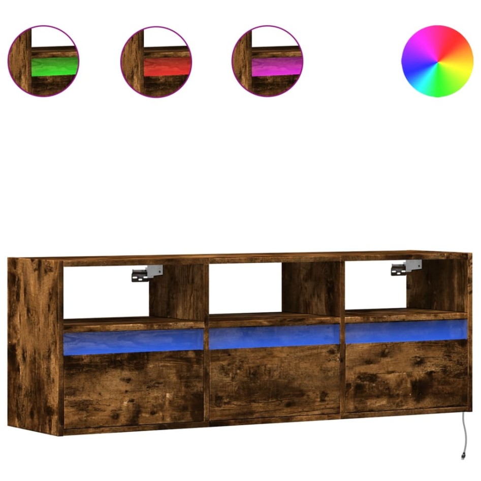 Mueble de TV de pared con luces LED roble ahumado 130x31x45