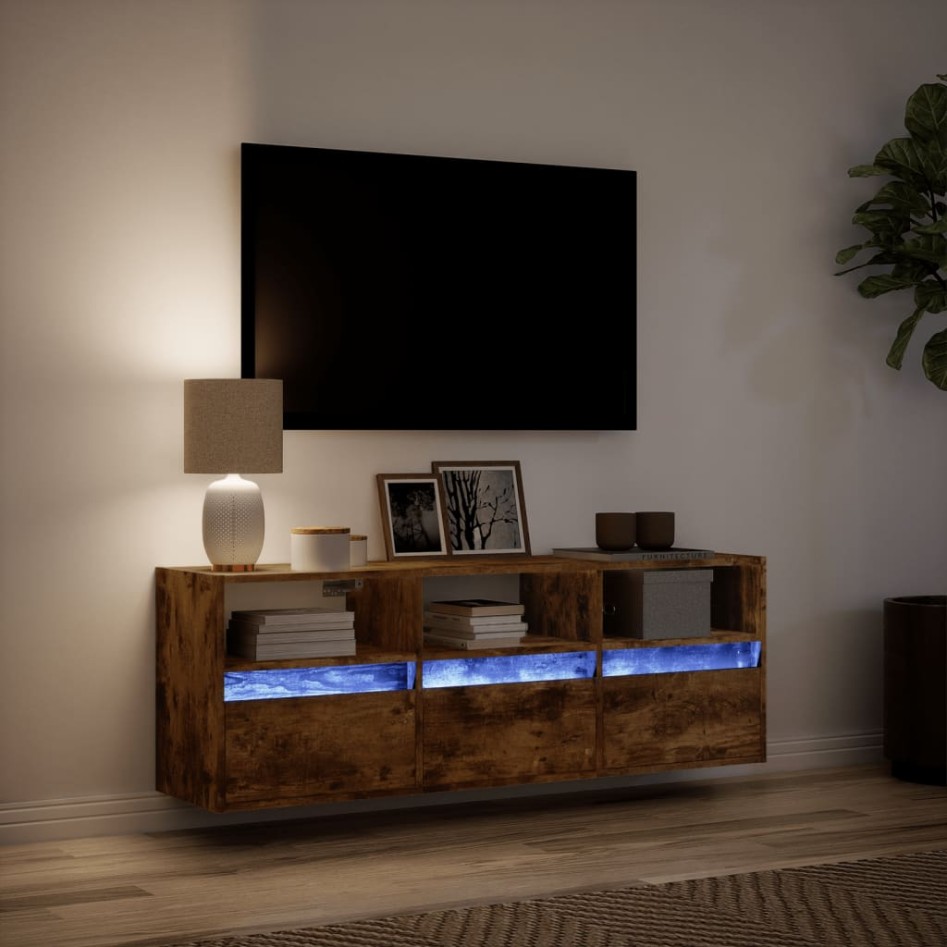 Mueble de TV de pared con luces LED roble ahumado 130x31x45
